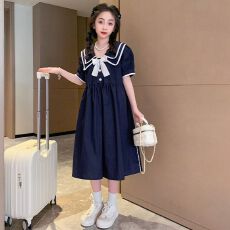 批发女童连衣裙新款初中生学生学院风洋气翻领泡泡袖韩版休闲裙子<b class='q'>夏</b>装