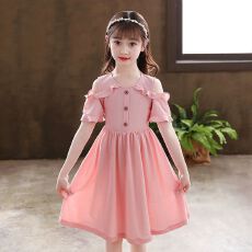 批发女童<b class='q'>夏</b>装连衣裙<b class='q'>夏</b>季新款纯色A字裙子小女孩洋气中大童露肩公主裙