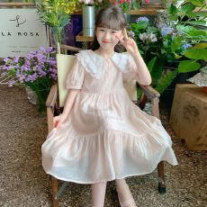 批发女童<b class='q'>夏</b>季时尚粉色公主裙甜美女孩子娃娃领时尚女宝宝生日连衣裙