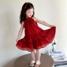 批发女宝宝<b class='q'>夏</b>日连衣裙2025新款度假风无袖挂脖裙子甜美时尚生日公主裙