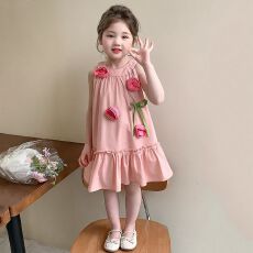 批发女宝宝韩版洋气连衣裙<b class='q'>夏</b>季新款挂脖无袖背心裙立体花朵粉色公主裙