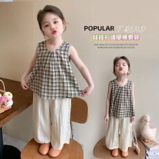 批发女<b class='q'>宝宝</b><b class='q'>夏</b>季出游休闲舒适<b class='q'>套装</b>防蚊阔腿长裤韩版格子背心上衣女孩