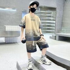 批发夏季短袖2025儿童新款中大童套装休闲时尚运动男孩两件套复古夏装