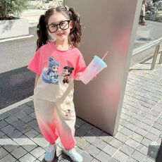 批发2025<b class='q'>夏</b>季新款短袖女宝卡通风哪吒T恤两件套时尚休闲潮流百搭童装
