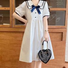 批发女童白色连衣裙新款儿童学院风连衣裙<b class='q'>夏</b>季初中生女孩泡泡袖连衣裙