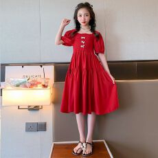 批发女童甜美连衣裙<b class='q'>夏</b>季韩版小香风儿童方领泡泡袖裙子小女孩公主裙潮