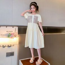 批发女大童学院风连衣裙<b class='q'>夏</b>装新款儿童短袖条纹<b class='q'>夏</b>季女孩小香风公主裙子