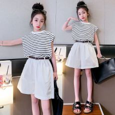 批发女童条纹无袖T恤套装夏天薄款<b class='q'>儿童</b>装韩版休闲<b class='q'>背心</b>短裤两件套夏季