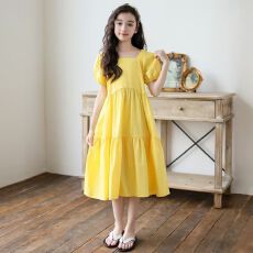 批发女童洋气公主裙<b class='q'>夏</b>季新款中大童方领泡泡袖黄色长裙小女孩气质裙子