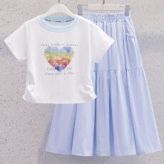 批发<b class='q'>女</b><b class='q'>童</b>半身裙长裙套装儿童<b class='q'>时尚</b>夏装女孩中大童短袖裙子两件套薄款