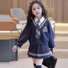 批发女童套装裙秋季新款中大童假两件长袖上衣百褶裙jk制服学院两件套