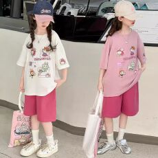 批发纯棉套装200克短袖裤子中大童男女童短袖T恤夏两件运动休闲套装