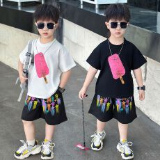 批发【纯棉套装上衣+裤子夏季童女童<b class='q'>男童</b>夏<b class='q'>装</b>休闲运动中大童两件套装
