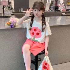 批发【纯棉套装200克短袖+裤子中大童<b class='q'>女童</b>短<b class='q'>袖</b>T恤夏两件运动休闲套装