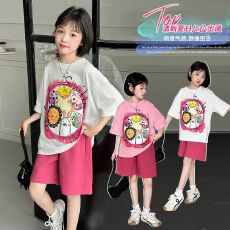 批发【纯棉套装宽松版200克短袖+纯棉裤子中大童<b class='q'>女童</b>短<b class='q'>袖</b>夏季两件套装