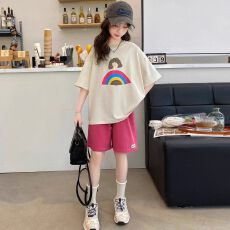 批发【纯棉套装宽松版200克短袖+纯棉裤子中大童<b class='q'>女童</b>短<b class='q'>袖</b>夏季两件套装