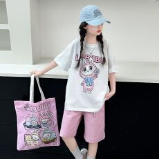 批发【纯棉套装宽松版200克短袖+纯棉裤子中大童<b class='q'>女童</b>短<b class='q'>袖</b>夏季两件套装