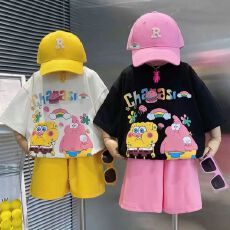 批发【纯棉套装宽松版200克短袖+纯棉裤子童装男童<b class='q'>女童</b>短<b class='q'>袖</b>夏两件套装