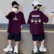 批发【纯棉套装宽松版200克短袖+纯棉裤子中大童男童短袖<b class='q'>夏</b>季两件套装