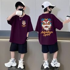 批发【纯棉套装宽松版200克短袖+纯棉裤子中大童男童短袖<b class='q'>夏</b>季两件套装