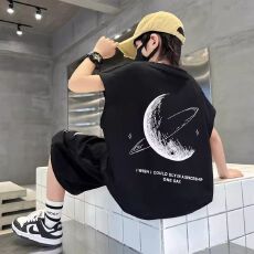 批发【纯棉套装宽松版200克背心+纯棉裤子纯棉中大童男童短袖两件套装