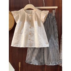 批发女童中大童<b class='q'>夏</b>季套装2025新款儿童洋气<b class='q'>夏</b>装娃娃飞袖格子两件套森女