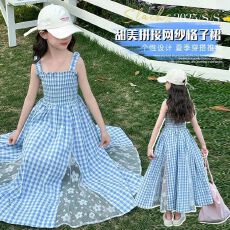 批发女孩法式小清新格子拼接蕾丝连衣裙2025<b class='q'>夏</b>季新款儿童收腰显瘦气质