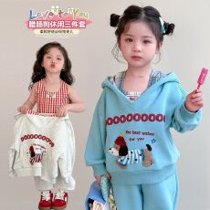 批发网红<b class='q'>女</b><b class='q'>童</b>韩版长裤套装中小童春秋新款洋气格子背心卡通卫衣<b class='q'>三件套</b>