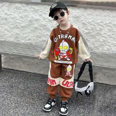 批发2025新款运动男孩春秋季儿童两件套奥特曼衣服男童秋装套装