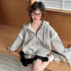 批发女童<b class='q'>春</b>秋季拉链衫花边开衫上衣2025新款中大儿童女孩甜美连帽外套