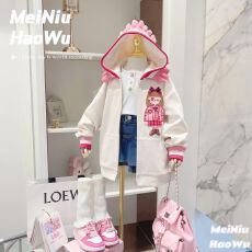 批发女童<b class='q'>春</b>秋季上衣小女孩时髦洋气甜美中长款卫衣儿童中大童连帽外套