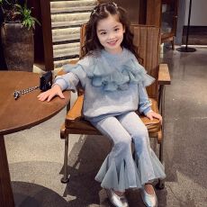 批发<b class='q'>女童</b>纯<b class='q'>色</b>套装春秋装2025新款女大童时髦网纱拼接<b class='q'>卫衣</b>喇叭裤两件套