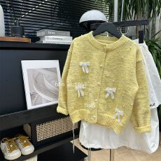 批发【含羊毛】<b class='q'>女童</b>蝴蝶<b class='q'>结</b>圆领开衫毛衣秋冬甜美宽松羊毛上衣