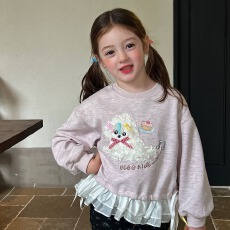 批发女童潦草小狗卫衣秋装新女孩假两件叠穿套头圆领花边上衣