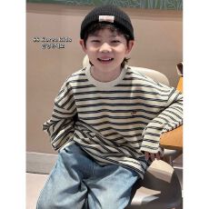 批发童装男童长袖T恤春秋季新款儿童卫衣宽松韩范上衣潮牌圆领条纹衫