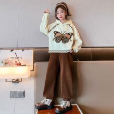 批发女大童蝴蝶套装春秋装<b class='q'>儿童</b>复古连帽<b class='q'>卫衣</b>童装春季女孩运动服两件套