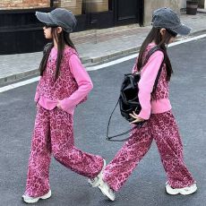 批发女童春季卫衣套装新款中大童洋气时髦豹纹马甲卫裤休闲春装三件套