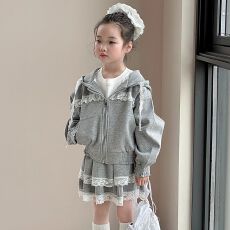 批发<b class='q'>女</b><b class='q'>童</b><b class='q'>春季</b><b class='q'>连帽卫衣</b>开衫套装韩版新款网红中<b class='q'>大</b><b class='q'>童</b><b class='q'>女</b>孩蕾丝花边套装裙