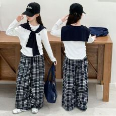批发套装+披肩长袖格子裤套装6-15岁中大童女孩披肩卫衣阔腿裤三件套