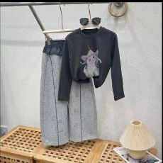 批发女童秋季套装25新款中大童休闲阔腿裤女孩长袖上衣T恤大童两件套