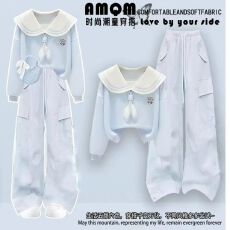 批发女童海军领工装裤套装春秋学生时尚女孩洋气穿搭套装