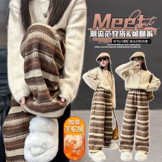 批发<b class='q'>女</b><b class='q'>童</b>加绒裤子冬季2025新款儿童条纹裤女大童阔腿裤秋冬毛呢糯米裤