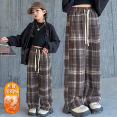 批发<b class='q'>女</b><b class='q'>童</b>加绒裤子冬季2025新款女大童格子裤春秋毛呢休闲裤儿童阔腿裤