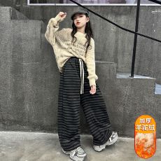 批发<b class='q'>女</b><b class='q'>童</b>加绒裤子大童秋冬时尚加厚卫裤洋气宽松儿童一体绒条纹阔腿裤