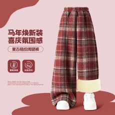 批发女童加绒<b class='q'>裤</b>子秋冬季新款洋气<b class='q'>儿童</b>装女大童新年红色格子休闲阔腿<b class='q'>裤</b>