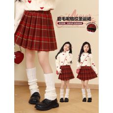 批发女童毛呢裙子秋冬圣诞新款短裙红色女大童格子裙<b class='q'>春</b>秋款儿童半身裙