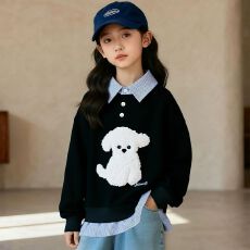 批发<b class='q'>女童</b>春<b class='q'>装</b><b class='q'>衬衫</b>领卫衣韩系小女孩长袖宽松假两件小狗甜美童装上衣潮