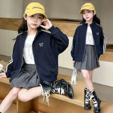 女童立领外套棒球服春季儿童时尚学院风三条杠运动卫衣小女孩开衫