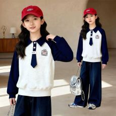 女童卫衣春装新款中大童洋气韩版长袖卡通Polo领上衣春秋季套头衫