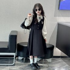 女童学院风春装连衣裙新款儿童长袖公主裙女孩春秋拼接假两件裙子